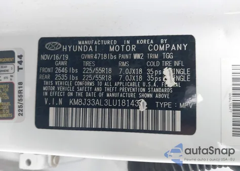 2020 Hyundai Tucson Sel z USA, uszkodzony, nr VIN KM8J33AL3LU181433